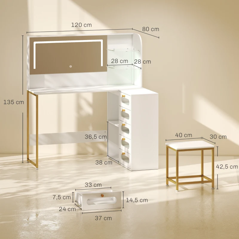 HOMCOM Schminktisch mit Spiegel LED-Lichter Hocker 5 Schubladen 2 Fächer und 2 Glasablagen Weiß