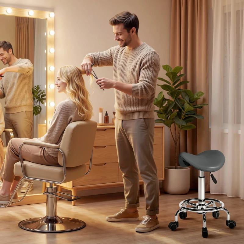 HOMCOM Salon Saddle Stool, Rolling Saddle Chair for Massage, Spa, Clinic, Beauty, Hairdressing and Tattoo, Grey
