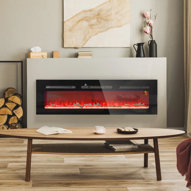 HOMCOM Chimenea eléctrica con soporte de pared y mando a distancia, troncos artificiales y cristales, potencia 1800 W, negro