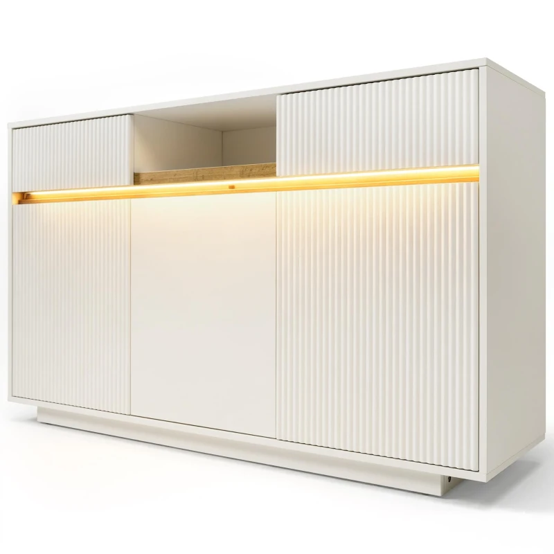 Comodă modernă cu bandă LED, 2 sertare și 3 uși, polițe reglabile, 140x40x85 cm, Alb