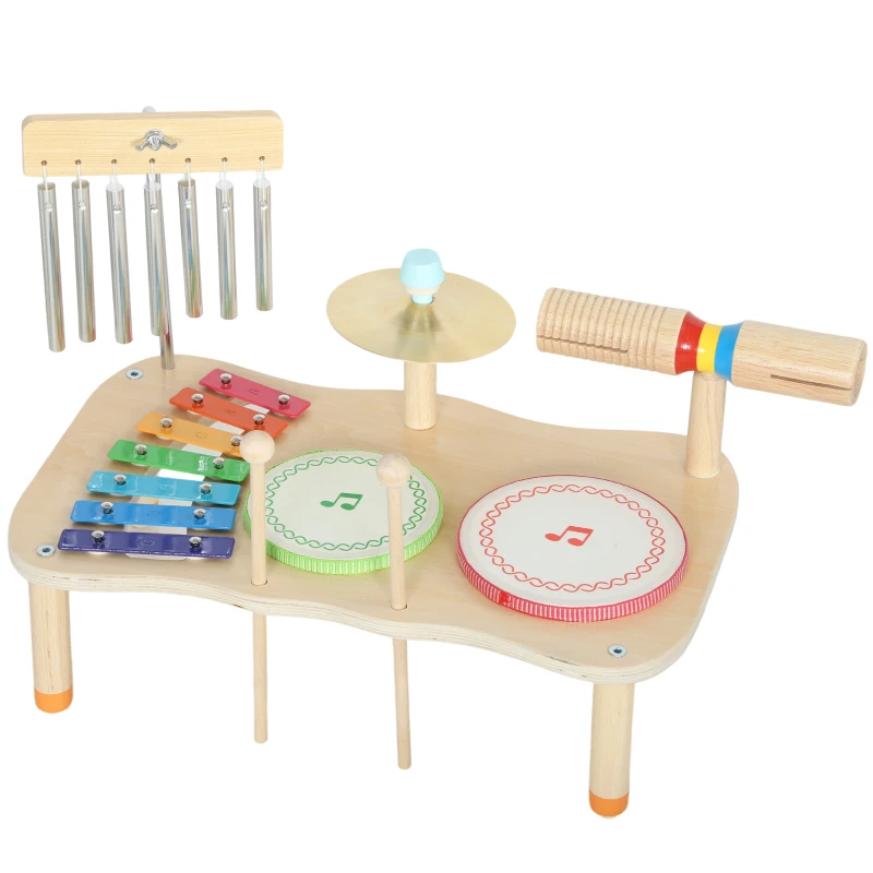 AIYAPLAY Instrumentos Musicales Infantiles de Madera Montessori con Tambor Xilófono Doble Tono Platillo Campana de Viento