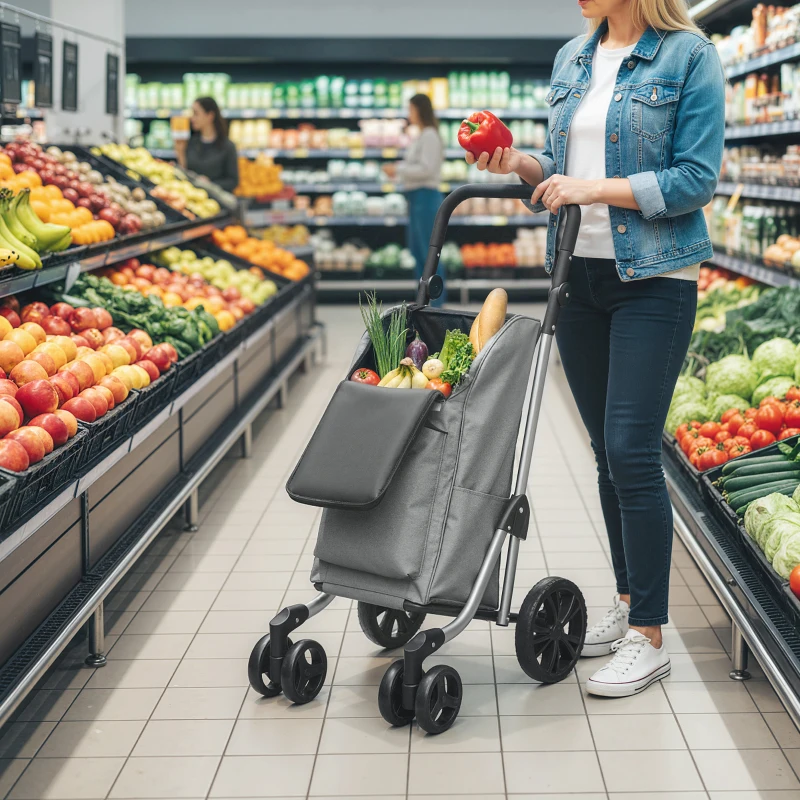 HOMCOM Carrito de Compra Plegable de 46 L Carro 3 en 1 con 6 Ruedas Bolsa Térmica y Asa Ajustable 44x58x100 cm Gris