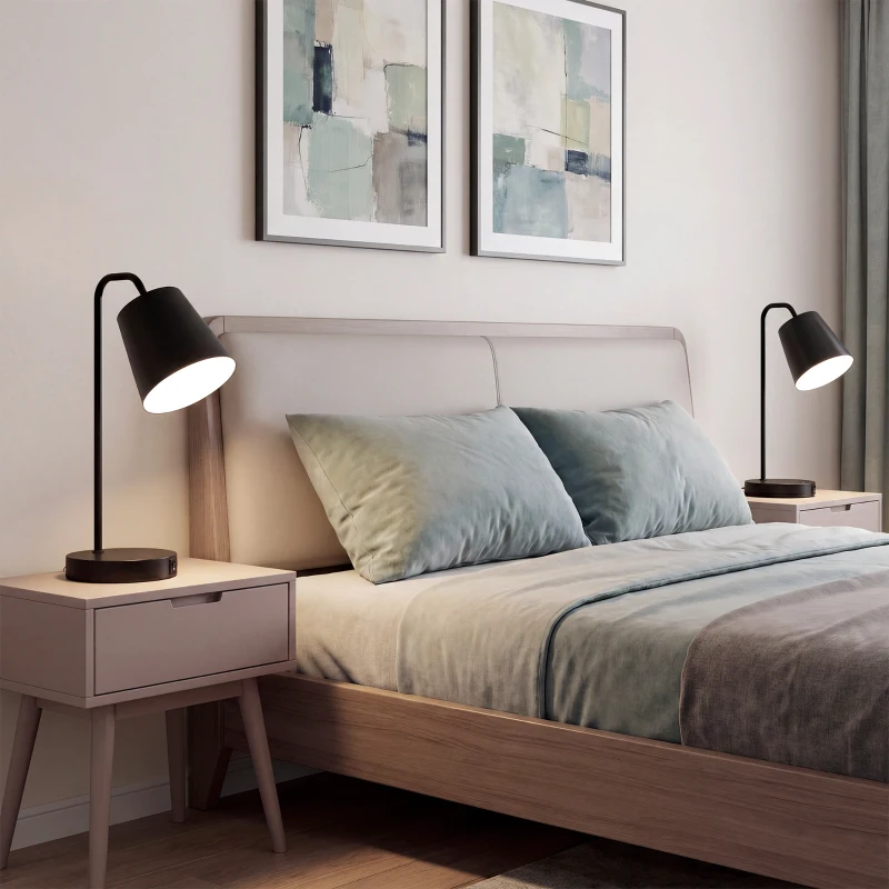 HOMCOM Set de Lámparas de Mesa 2 Unidades Lámparas Modernas con Puerto USB-A y USB-C para Dormitorio Salón y Oficina Negro