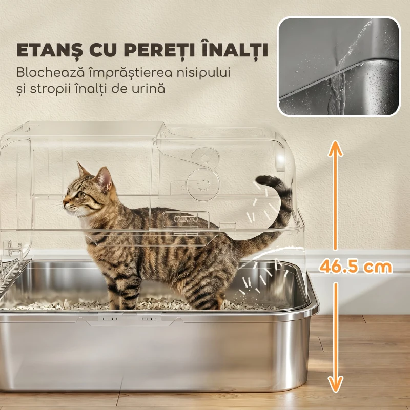 PawHut Litieră Închisă pentru Pisici 52 L din Oțel Inoxidabil, cu Capac Rabatabil, Acces Dublu și Lopățică, Negru
