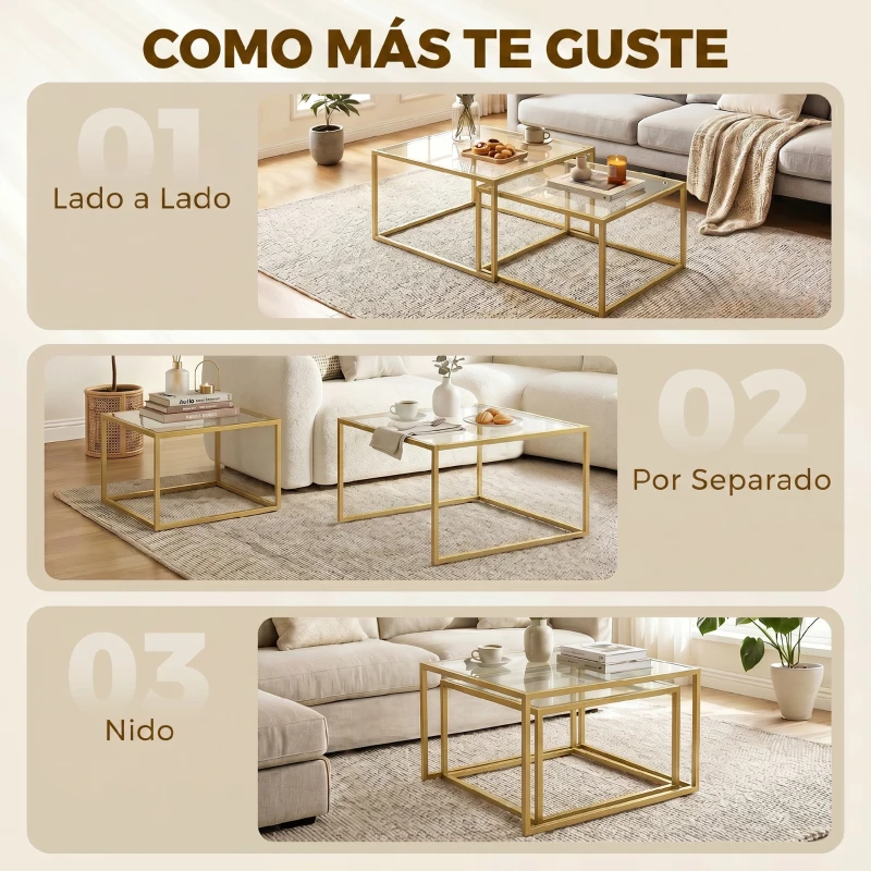 HOMCOM 2 Mesas de Centro Cuadradas Mesas Nido Modernas con Tablero de Vidrio Templado y Estructura Metálica 75x75x42 cm Dorado