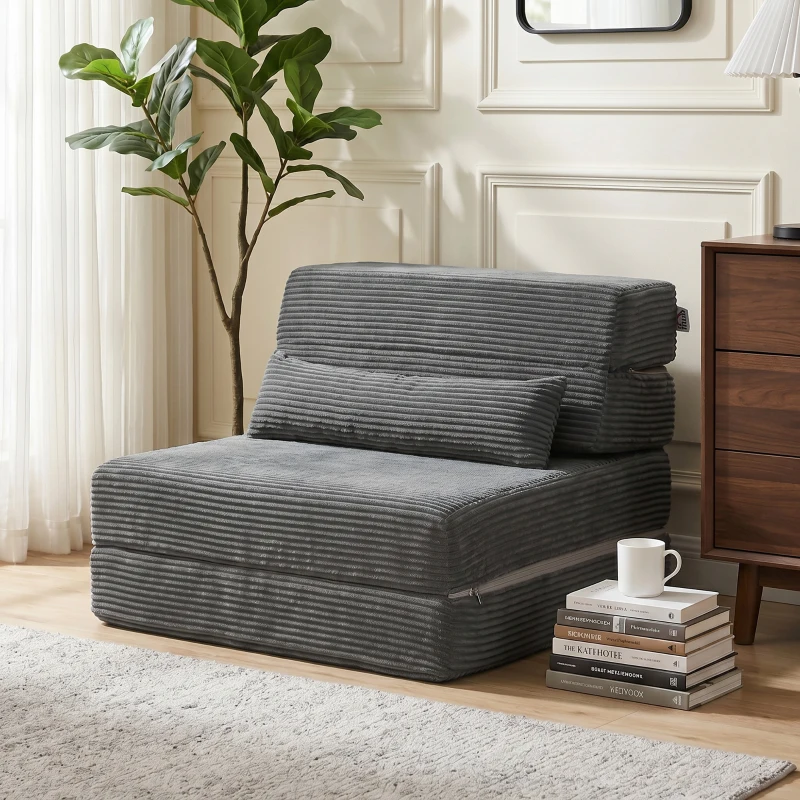 HOMCOM Fauteuil de sol avec dossier, velours côtelé Canapé-lit pliable sans armature Cloud avec rembourrage épais, Gris foncé