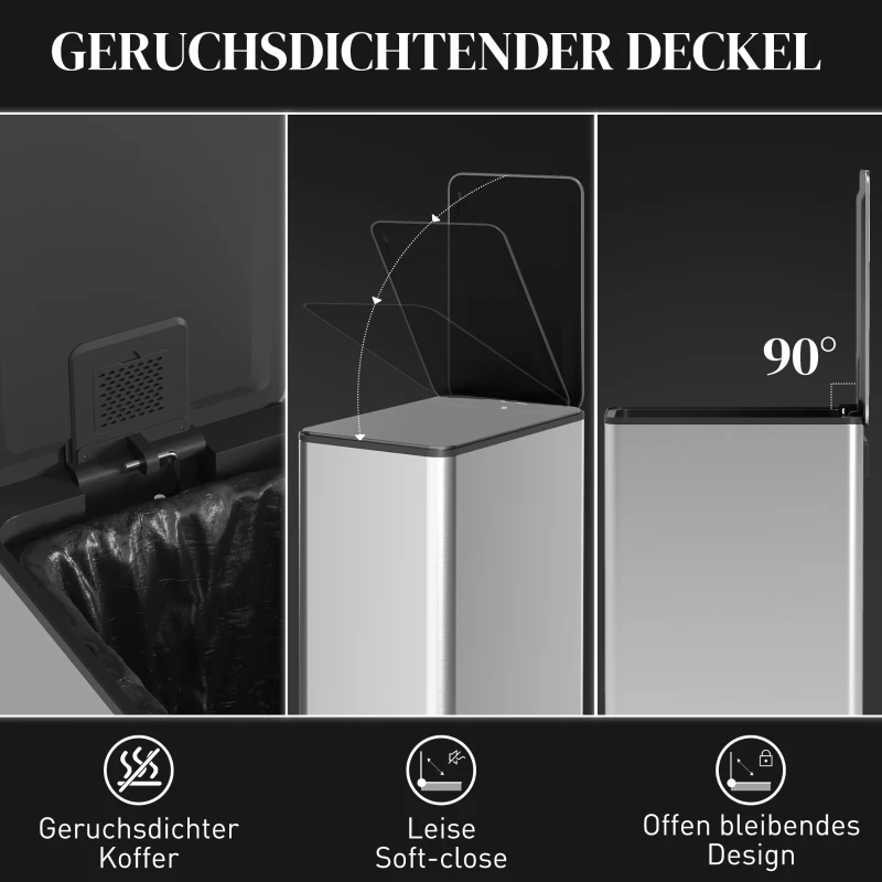 HOMCOM Prullenbak 20L met soft-close deksel, vak voor geurverfrisser, vingerafdrukbestendig, RVS, zilver(m-6)