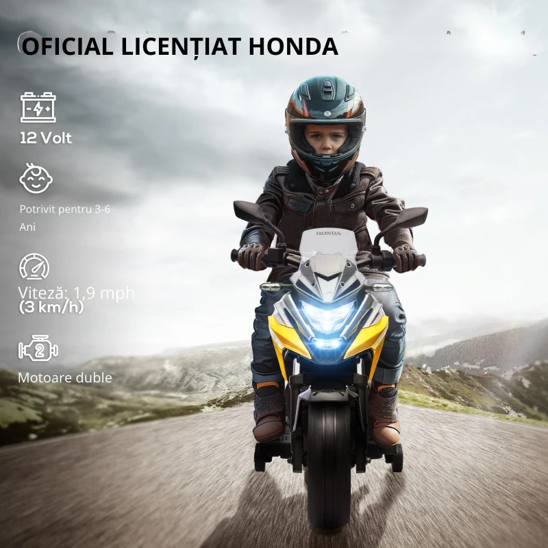 AIYAPLAY Motocicletă electrică pentru copii, Honda, 3 km/h, Muzică & Lumină, 3-6 ani, până la 30 kg, Galben