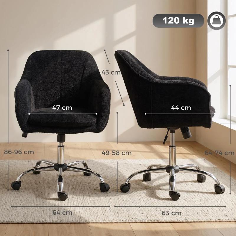 HOMCOM Modern Makeup Vanity Chair, Snow Flannel Office Chair with Tub Back, Black