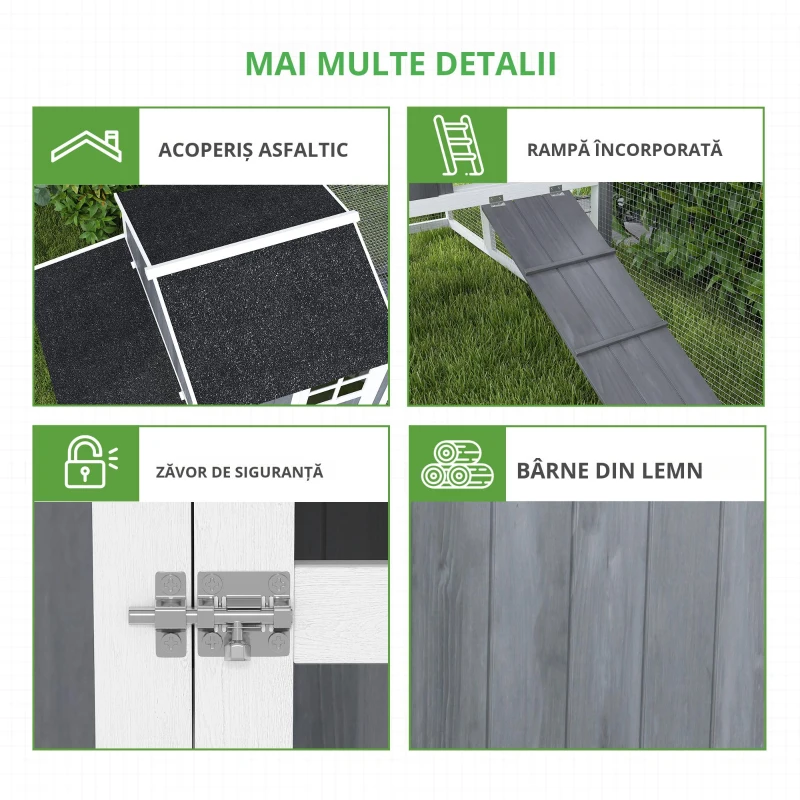 PawHut Coteț pentru găini cu tarc pentru 3-4 găini, cuib în 3 părți, suprafață 1,9 m², lemn de brad, gri
