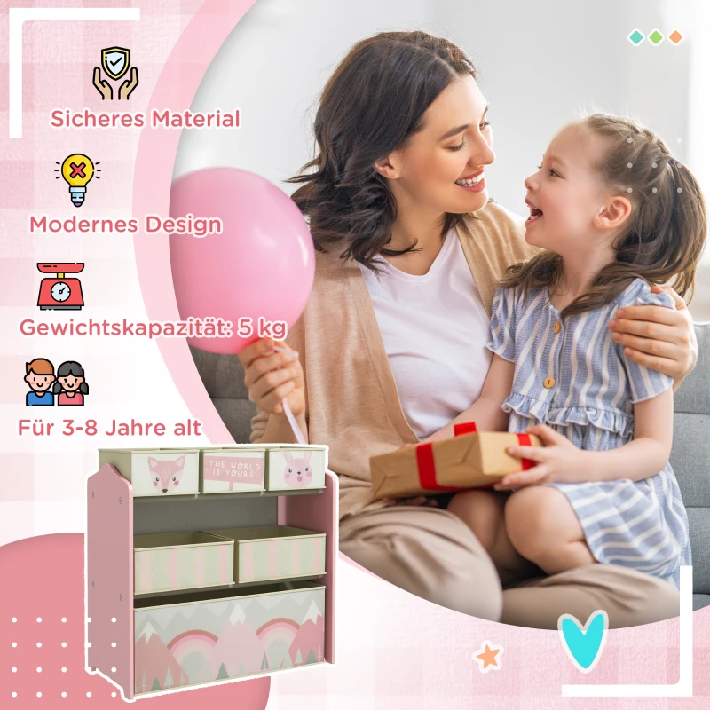 ZONEKIZ Kinderschrank mit 6 Stoffboxen, niedliches Motiv, 63x30x66 cm, Rosa
