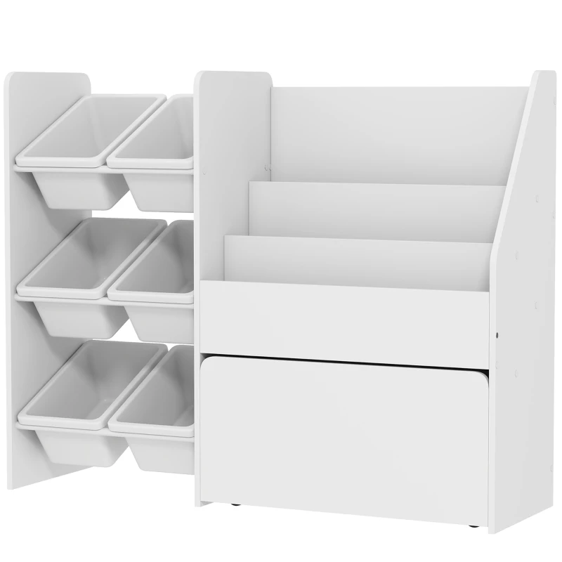 AIYAPLAY Spielzeugregal, Kinderzimmerregal mit 6 Behälter, Bücherablage, rollbare Box, 100 x 30 x 80 cm, MDF, Stahl, Weiß