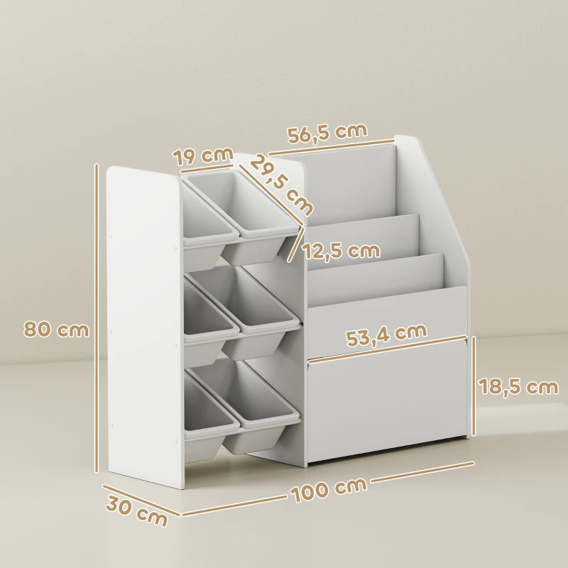 AIYAPLAY Spielzeugregal, Kinderzimmerregal mit 6 Behälter, Bücherablage, rollbare Box, 100 x 30 x 80 cm, MDF, Stahl, Weiß