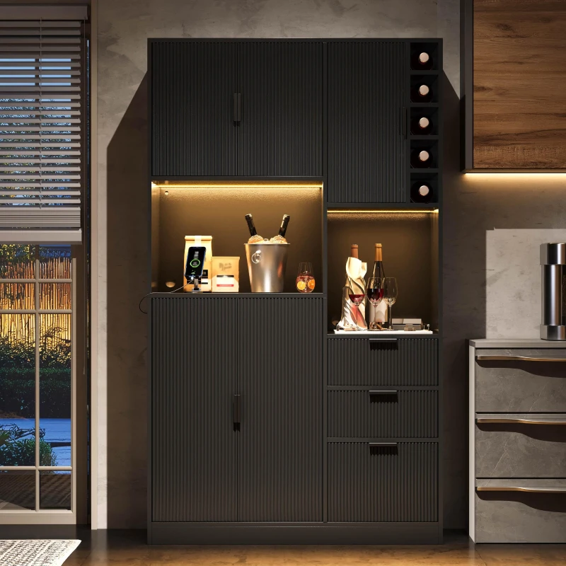 Moderner hoher Küchenschrank mit Weinregal, verstellbaren Einlegeböden und 3 Schubladen, 105x40x180 cm, Schwarz