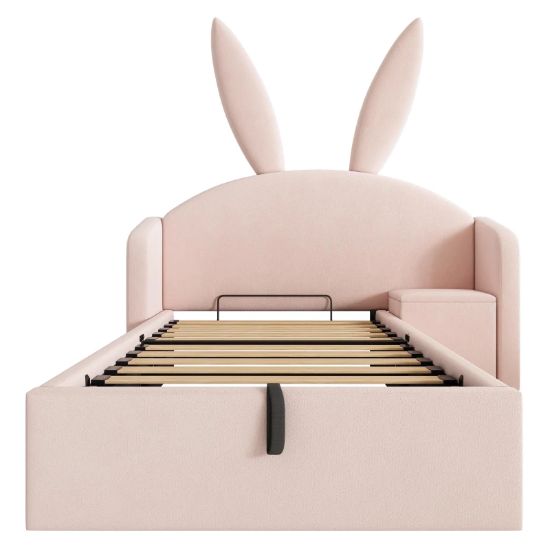 Pat tineret 90x200 cm cu ladă de pat hidraulică, pat tapițat cu tăblie tip urechi de iepure, fără saltea, 216x149x143 cm, Roz