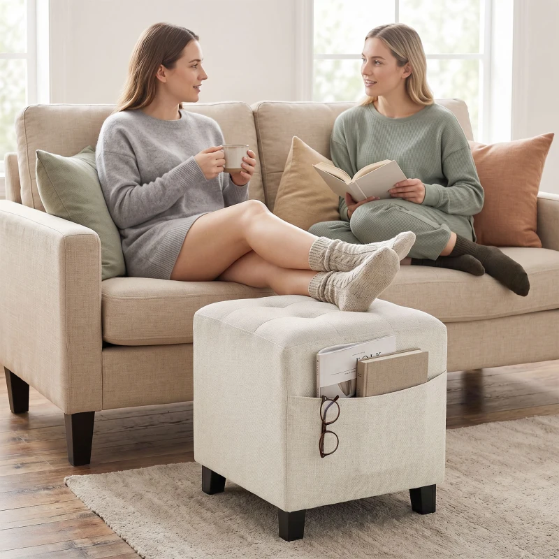 HOMCOM Small Ottoman, Square Footstool with Side Pocket, Rubber Wood Legs and Padded Seat for Living Room, Beige