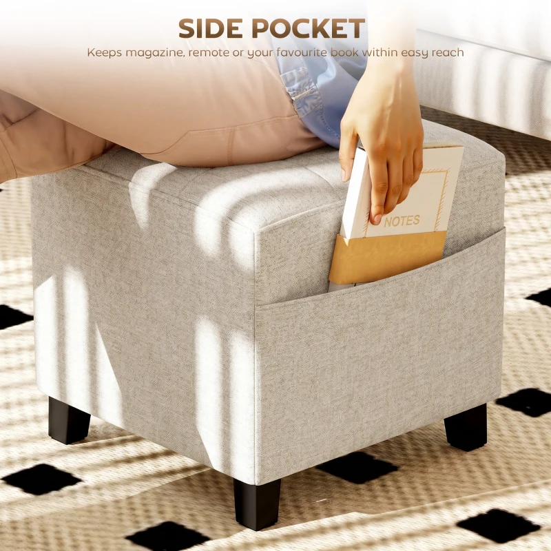 HOMCOM Small Ottoman, Square Footstool with Side Pocket, Rubber Wood Legs and Padded Seat for Living Room, Beige