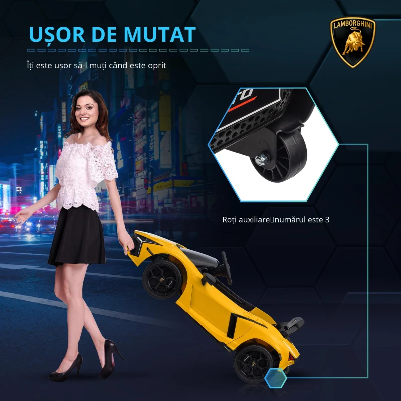 AIYAPLAY Mașină electrică 12V cu licență Lamborghini Revue vehicul electric telecomandă viteză 3-5 km/h 3-5 ani galben