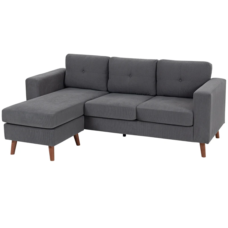 HOMCOM Sofá Chaise Longue Reversible de 3 Plazas Tapizado en Pana Marco de Acero para Espacios Reducidos Gris Oscuro