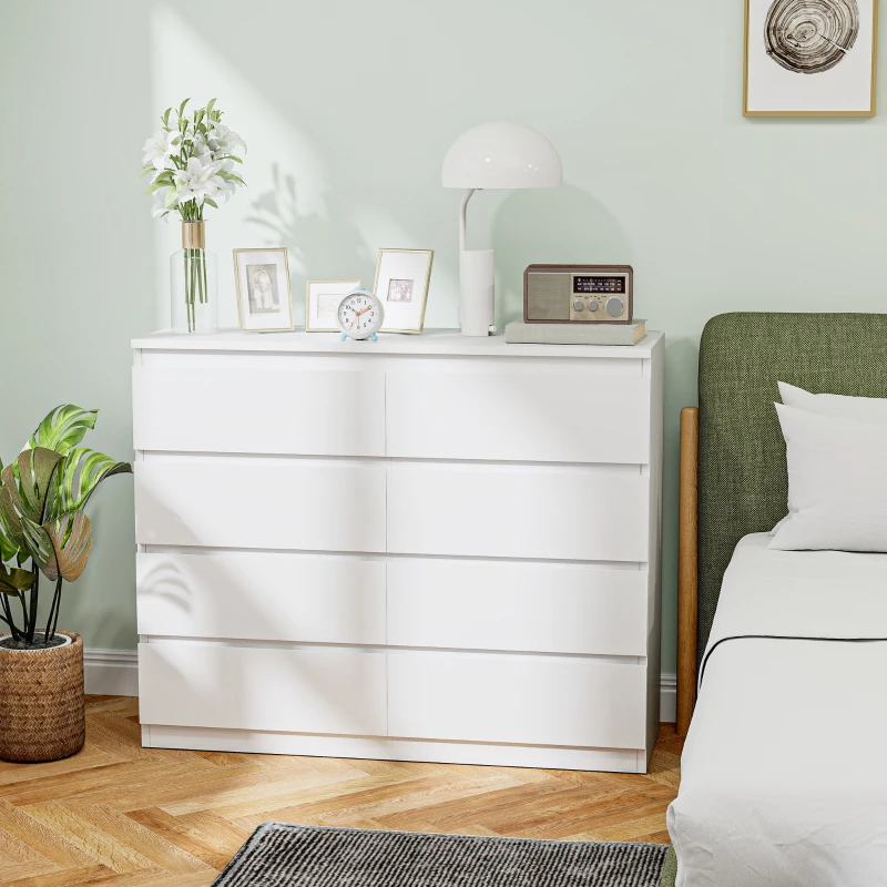 HOMCOM Cassettiera Camera da Letto 8 Cassetti, Comò Camera da Letto in Legno con Piedini Antiscivolo, 120x39x100 cm, Bianco