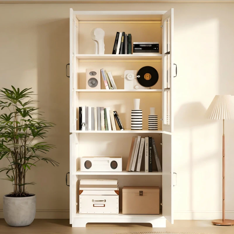 Vitrinenschrank, 4-türig, viel Stauraum mit 5 Einlegeböden, Landhaus-Stil, 80x38x180 cm, Weiß