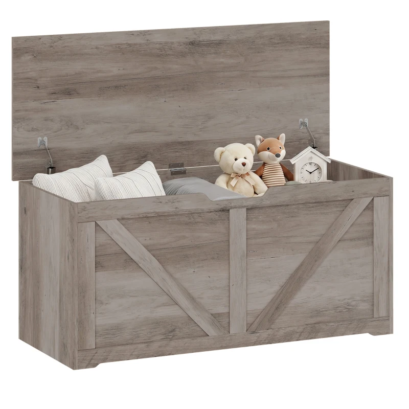 HOMCOM 127L Home Storage Box, with Safety Hinges - Grey Wood-Effect