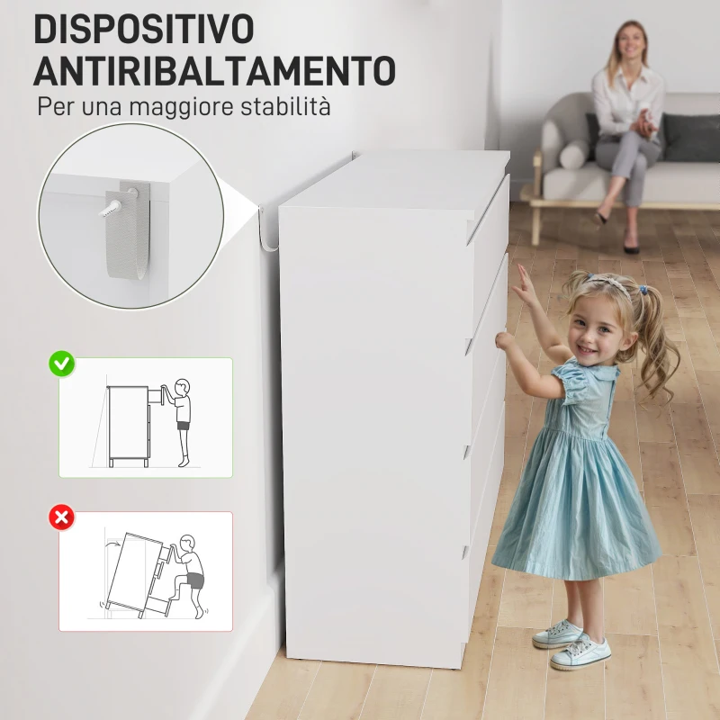 HOMCOM Cassettiera Camera da Letto 8 Cassetti, Comò Camera da Letto in Legno con Piedini Antiscivolo, 120x39x100 cm, Bianco