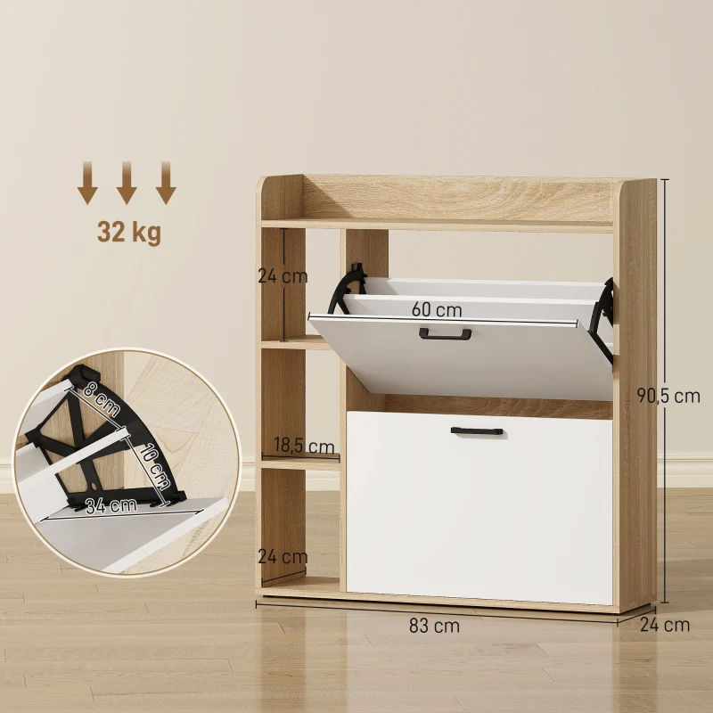 HOMCOM Sapateira Estreita com 3 Prateleiras Laterais e Prateleiras Ajustáveis para 15 Pares de Sapatos 83x24x90,5 cm Madeira e Branco