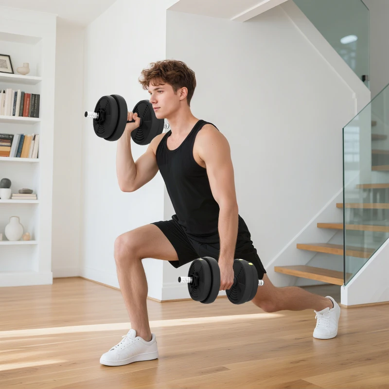 SPORTNOW Juego de Mancuernas Ajustables 15 kg 2 en 1 con Barras Conexión y Mangos Antideslizantes para Gimnasio en Casa Negro