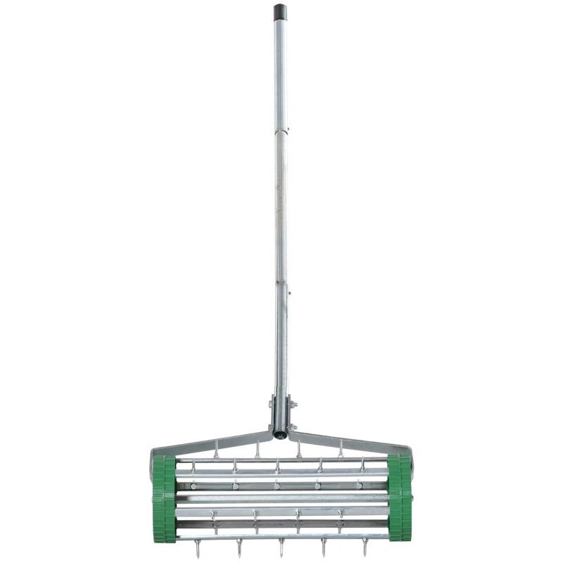 Outsunny gazonbeluchter handvat lengte verstelbaar handverticuteer gazonbeluchter spiked roller gazon rollende gazonbeluchter onderhoud tuin verzinkte buis groen + zilver 135 x 42,5 x 15 cm