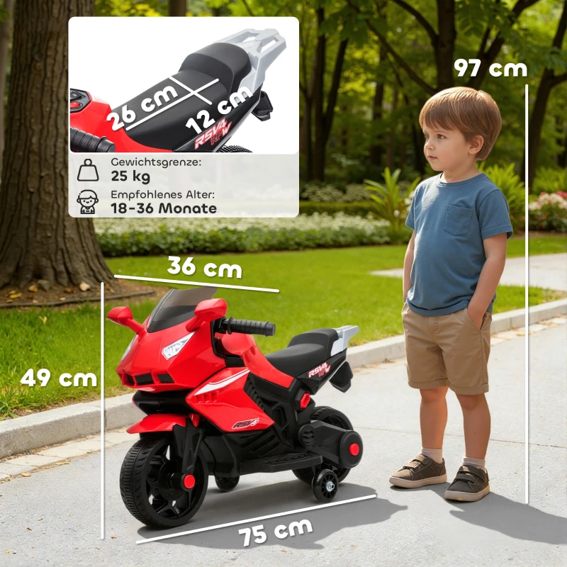AIYAPLAY Elektro-Motorrad für Kinder, Hupe, Scheinwerfer, Musikfunktion, 2,5 km/h, Rot