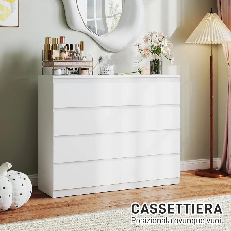 HOMCOM Cassettiera Camera da Letto 8 Cassetti, Comò Camera da Letto in Legno con Piedini Antiscivolo, 120x39x100 cm, Bianco