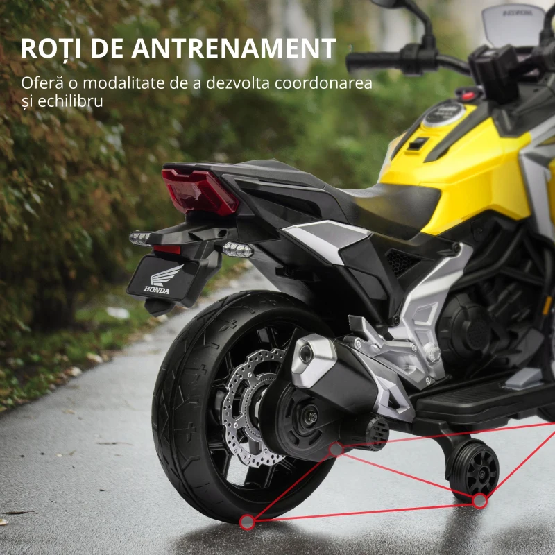 AIYAPLAY Motocicletă electrică pentru copii, Honda, 3 km/h, Muzică & Lumină, 3-6 ani, până la 30 kg, Galben
