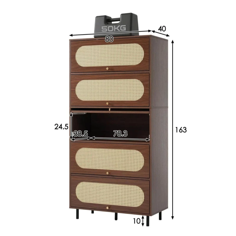 Bufet cu 5 uși rabatabile, mult spațiu de depozitare și front din ratan, 80x40x163 cm, Culoare naturală