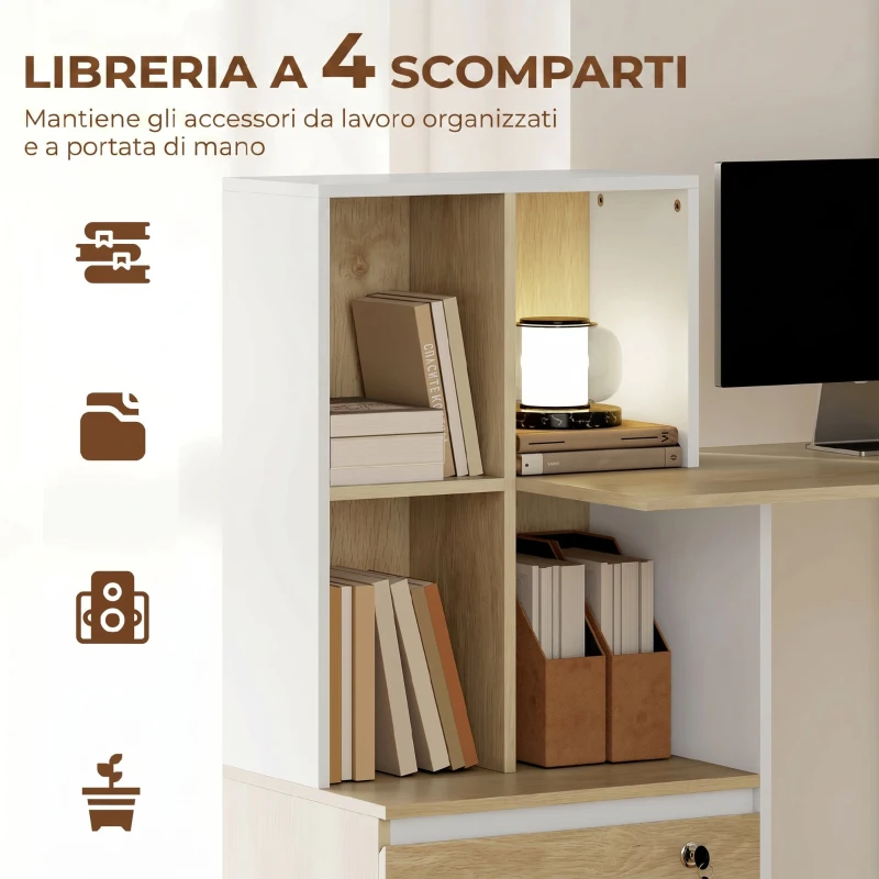 HOMCOM Scrivania con Libreria, Cassetto A4, Lettera, Legale Serratura e 2 Chiavi, Scrivania Salvaspazio, 126x50x109 cm, Bianco