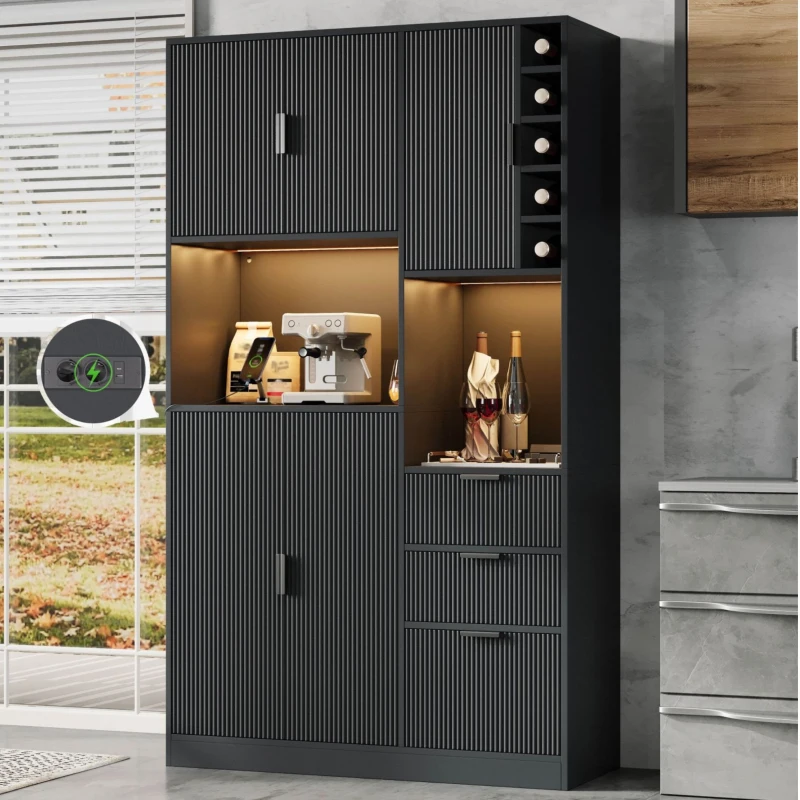 Moderner hoher Küchenschrank mit Weinregal, verstellbaren Einlegeböden und 3 Schubladen, 105x40x180 cm, Schwarz