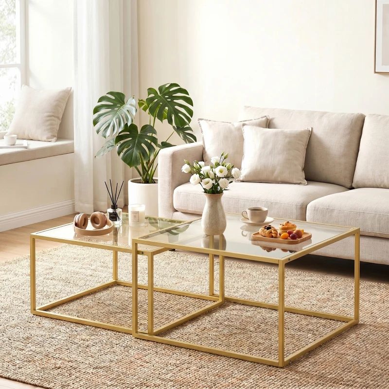 HOMCOM 2 Mesas de Centro Cuadradas Mesas Nido Modernas con Tablero de Vidrio Templado y Estructura Metálica 75x75x42 cm Dorado