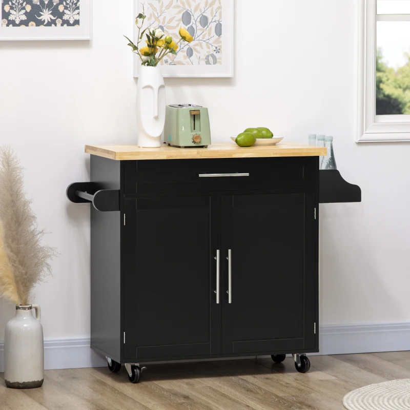 HOMCOM Keukentrolley Serveerwagen Keukenblok, 1 Kruidenrek, 1 Handdoekhouder, 109 cm x 40 cm x 89 cm, Zwart(m-2)