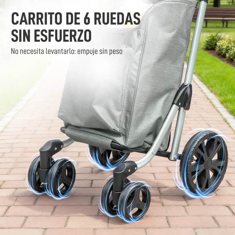 HOMCOM Carrito de Compra Plegable de 46 L Carro 3 en 1 con 6 Ruedas Bolsa Térmica y Asa Ajustable 44x58x100 cm Gris