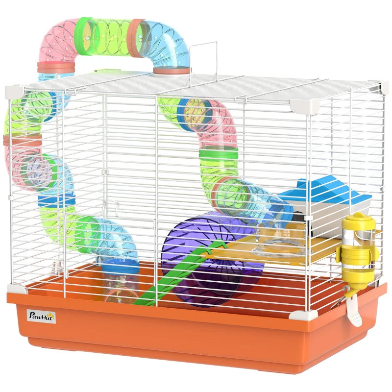 PawHut Jaula para Hámster con Túnel Cuenco Bebedero Casita Rampa Rueda de Ejercicio Bandeja Extraíble 46x30x37 cm Naranja