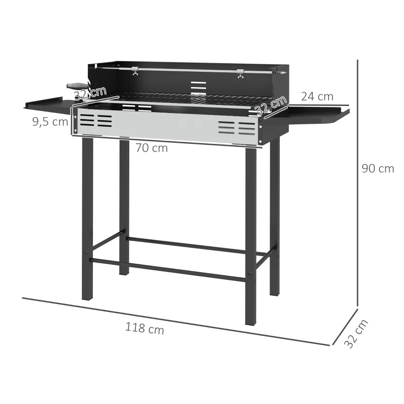 Outsunny Houtskoolgrill BBQ-Grill, verstelbaar rooster, 1 draaispies, 118 x 32 x 90 cm, Zwart + Zilver