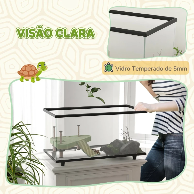 PawHut Aquário para Tartarugas 50 L com Plataforma Rampa e Termómetro 60x30x32 cm Transparente