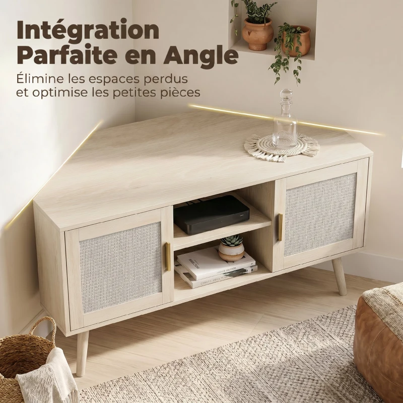 HOMCOM Meuble TV d'Angle 115 cm, Meuble Télé pour Téléviseur jusqu'à 65 Pouces, 2 Portes en Rotin  2 Compartiments, Chêne