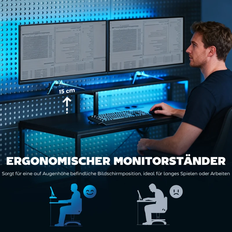 HOMCOM Gamingbureau L-vormig bureau met LED & stopcontacten, met dubbel monitorhouder, 165x80x91,5 cm, zwarte houtlook