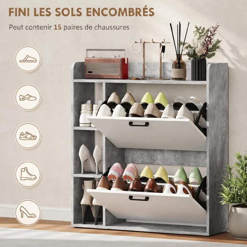 HOMCOM Meuble à chaussures 15 paires, armoire à chaussures moderne avec 2 tiroirs rabattables, 83x24x90,5cm, blanc et gris