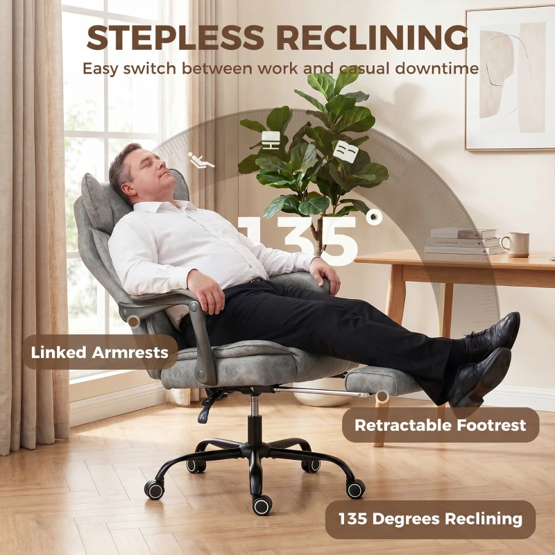 HOMCOM Executive Office Chair, Leathaire Big and Tall Office Chair 180 kg with Wide Seat, Reclining, Lumbar Support, Grey