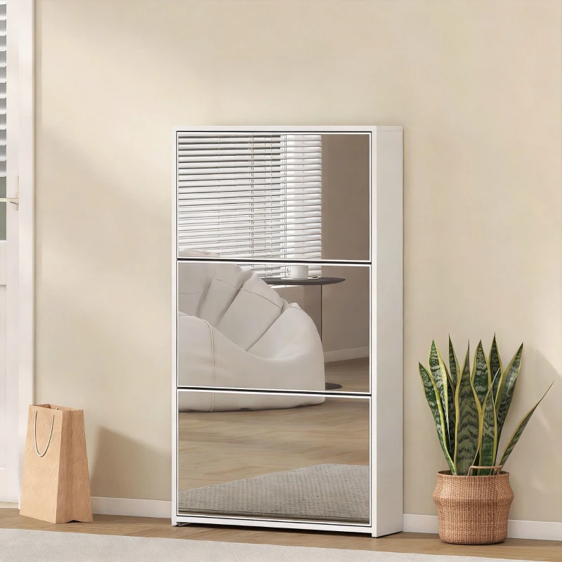 HOMCOM Meuble à chaussures 9 paires, armoire à chaussures étroite, 3 tiroirs rabattables et portes miroirs, 65x17x114,5cm blanc
