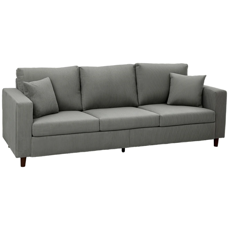 HOMCOM 3 Seater Sofa with Wide Seat, Corduroy Fabric Couch with Deep Seat, Spring Cushion, Light Grey