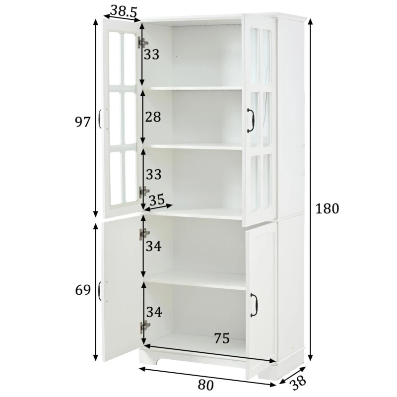 Vitrinenschrank, 4-türig, viel Stauraum mit 5 Einlegeböden, Landhaus-Stil, 80x38x180 cm, Weiß
