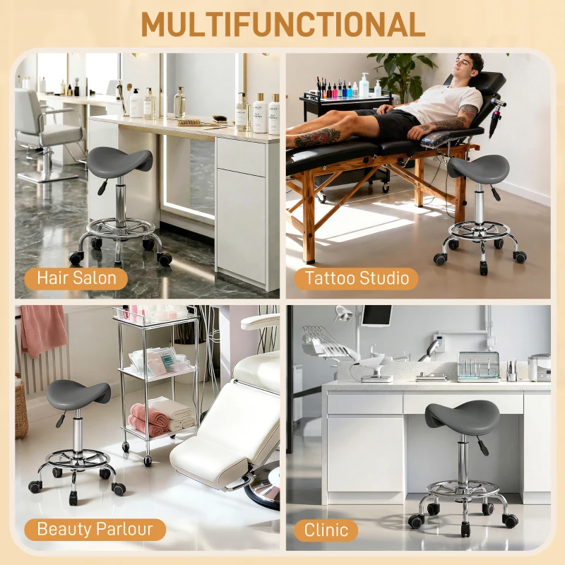 HOMCOM Salon Saddle Stool, Rolling Saddle Chair for Massage, Spa, Clinic, Beauty, Hairdressing and Tattoo, Grey